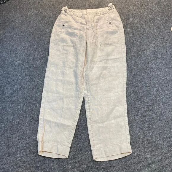 Athleta Pants - Athleta Voyager Womens 6 100% Linen Pants Beige Ankle Vacation Coastal Buckle